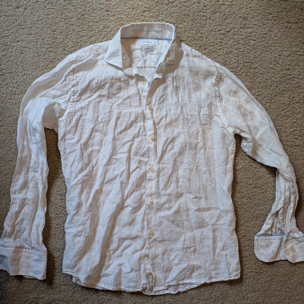 Porter & Ash White Linen Shirt with Light Blue Accents – Size Medium